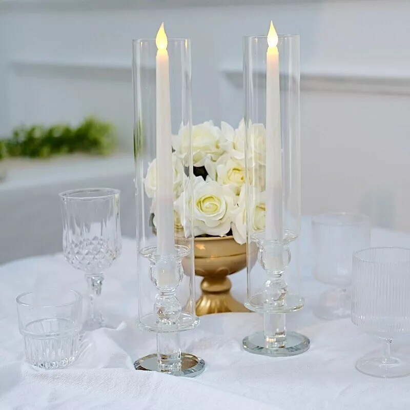 2 Clear 14&#x22; Crystal Hurricane Taper Candle Holders Cylinder Glass Shades Party