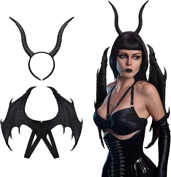 Women&#x27;s Black Demon Costume Accessories - Devil Horns and Wings Set for Halloween