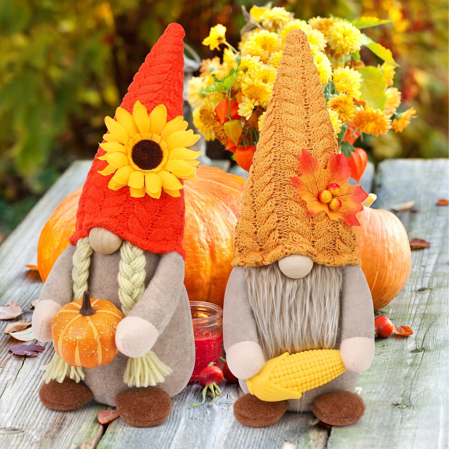 Thanksgiving Gnomes Fall Decorations for Home, 2Pack Plush Gnomes Hold Pumpkin Corn, Mr and Mrs Swedish Tomte Gnome Doll with Maple Sunflower Fall Harvest Thanksgiving Decor for Home Kitchen Table