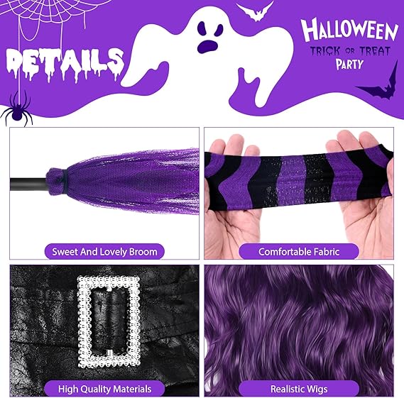 5 Pcs Womens Halloween Witch Costumes Set 2024 Adult Wig Hats Broom Gloves Stockings for Girl Party Cosplay Accessories