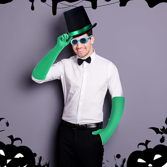 3 Pcs Halloween Costume Accessories Black Felt Costume Hat with Green Band Green Satin Long Gloves Blue Vintage Oval Goggles for Men Women Cosplay Party Dress Up
