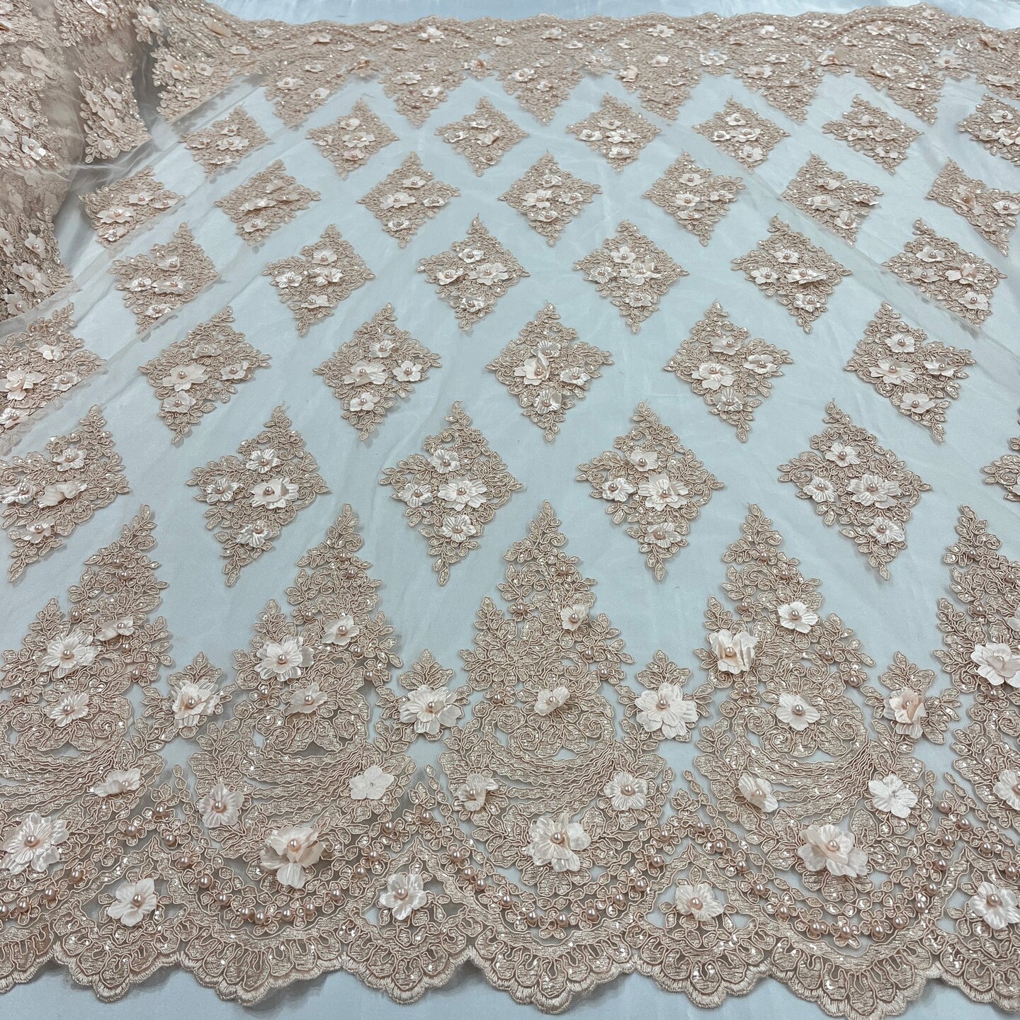 1 Yard Wine Beaded 3D Floral Lace Fabric Embroidered Polyester Net Mesh 51 Inch Width