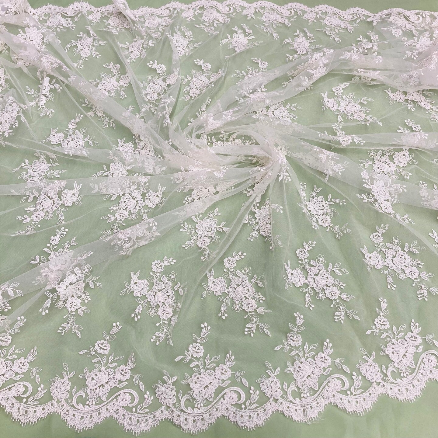 1 Yard Fuchsia Corded Bridal Lace Fabric Embroidered on Polyester Net Mesh 56 Inch Width