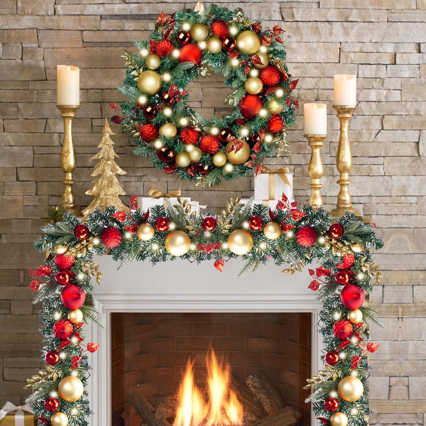 9 Feet Pre-Lit Christmas Garland with Lights &#x26; Balls - 50 LED (Red Gold)