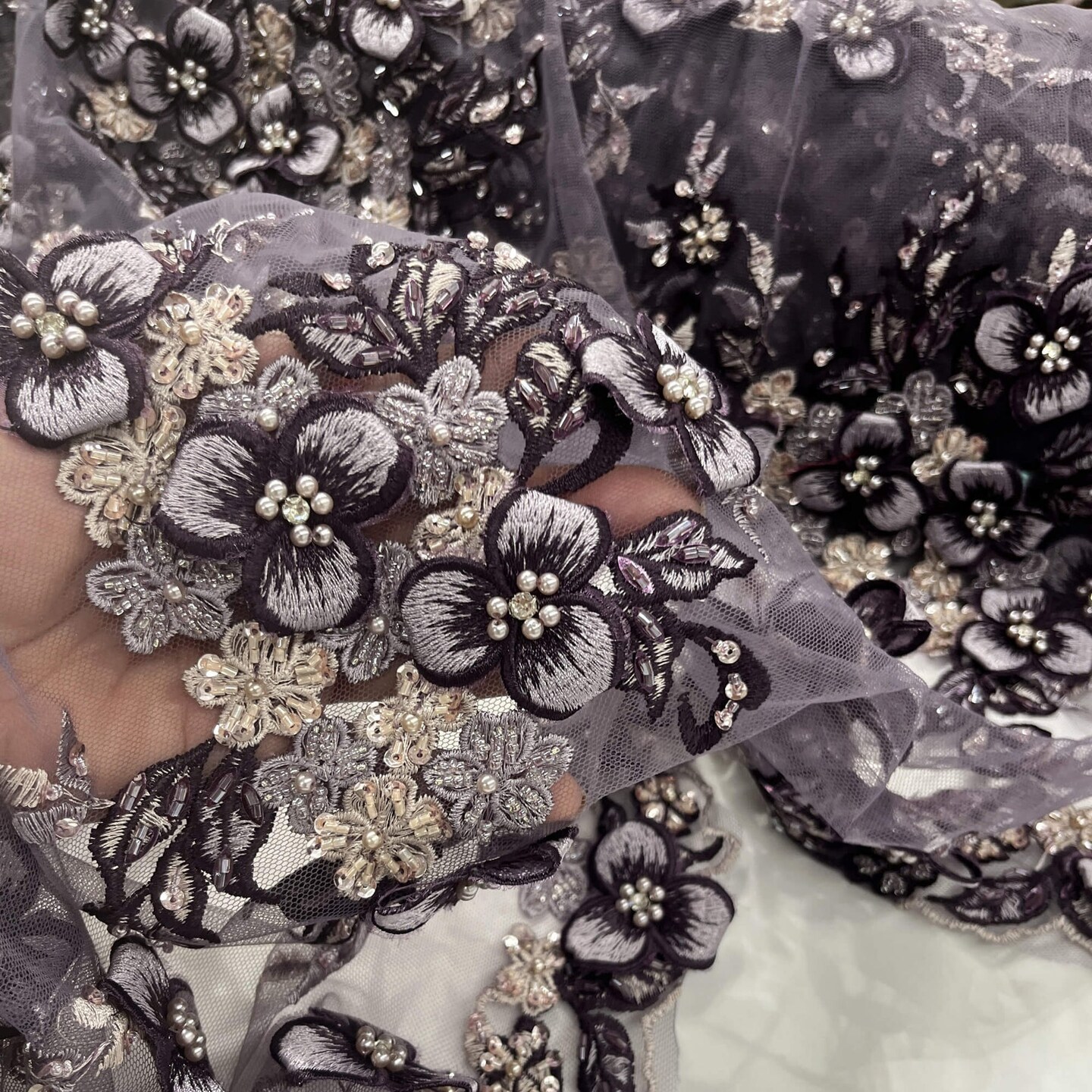 1 Yard 3D Beaded Floral Lace Fabric with Rhinestones, 51" Wide Embroidered Mesh