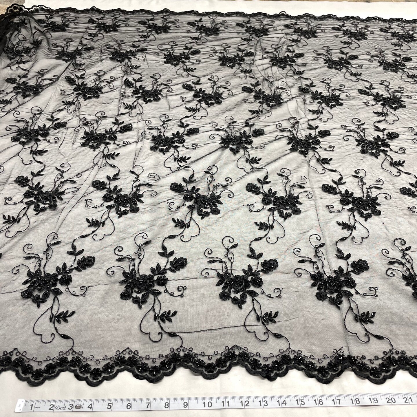1 Yard Black Beaded Lace Fabric with Sequins and Pearls for Bridal and Evening Gowns, 51 Inches Wide