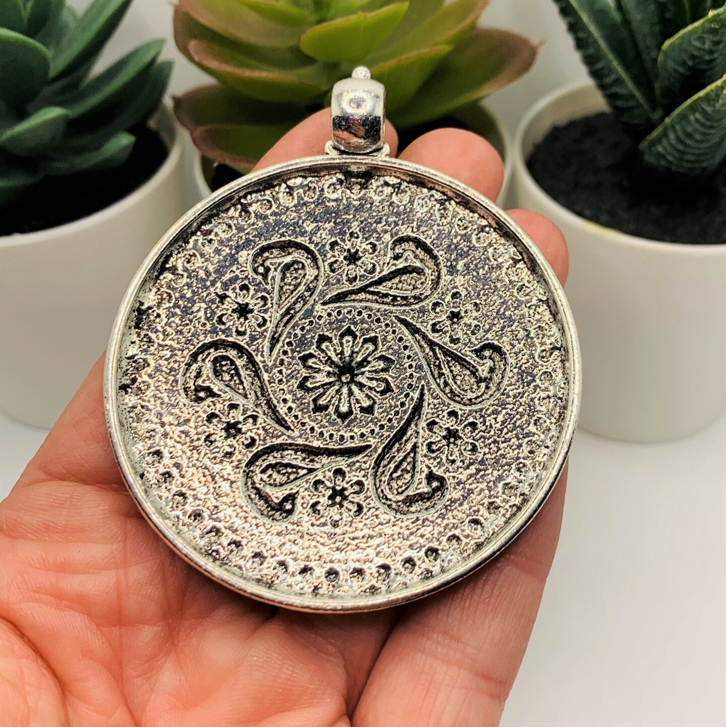 Large Silver Boho Pendant Charms, 71x59mm