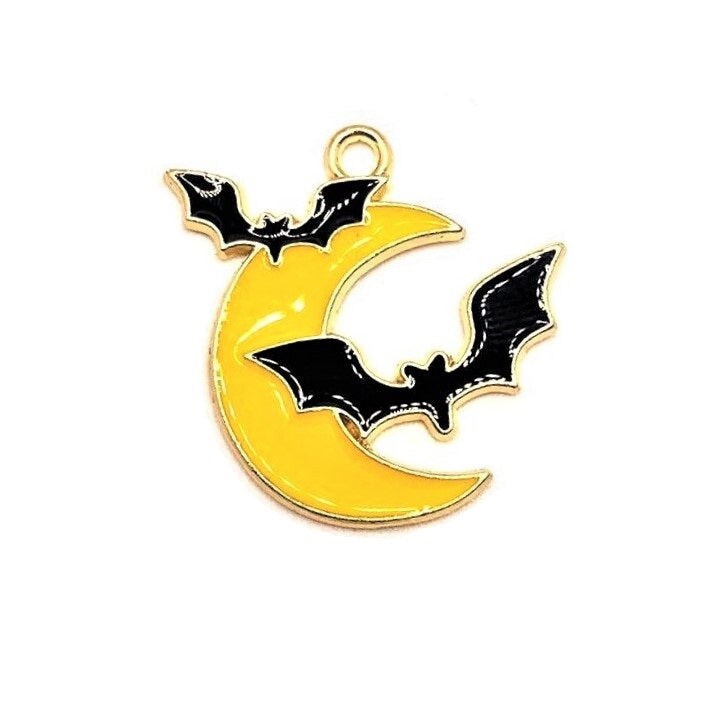 Enamel Crescent Moon and Bat Halloween Charms, 25x24mm