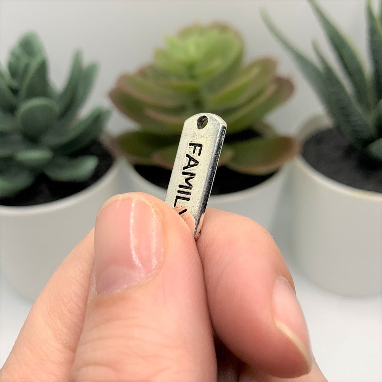 Silver Family Word Bar Tag Charms, 8x21mm