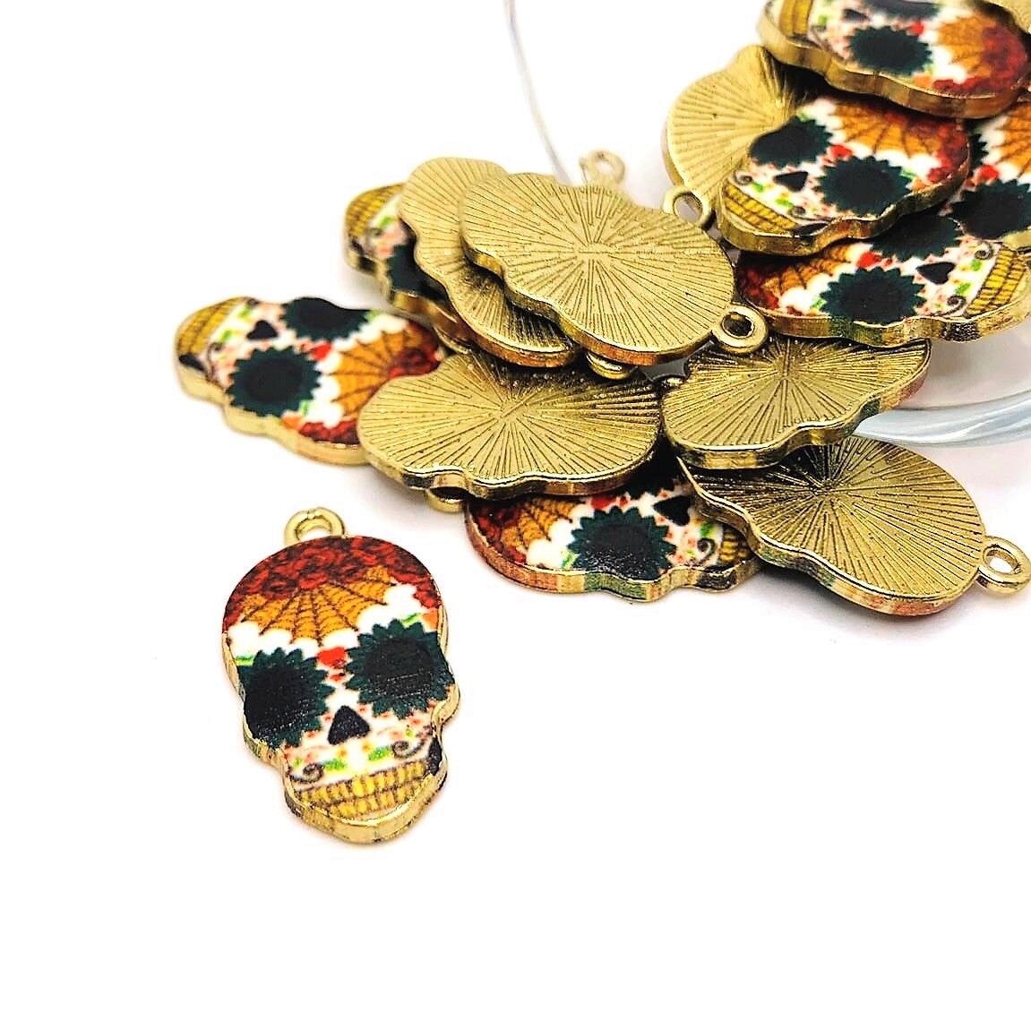 Enamel Sugar Skull Day of the Dead Dia De Los Muertos Skeleton Charms, 21x12mm
