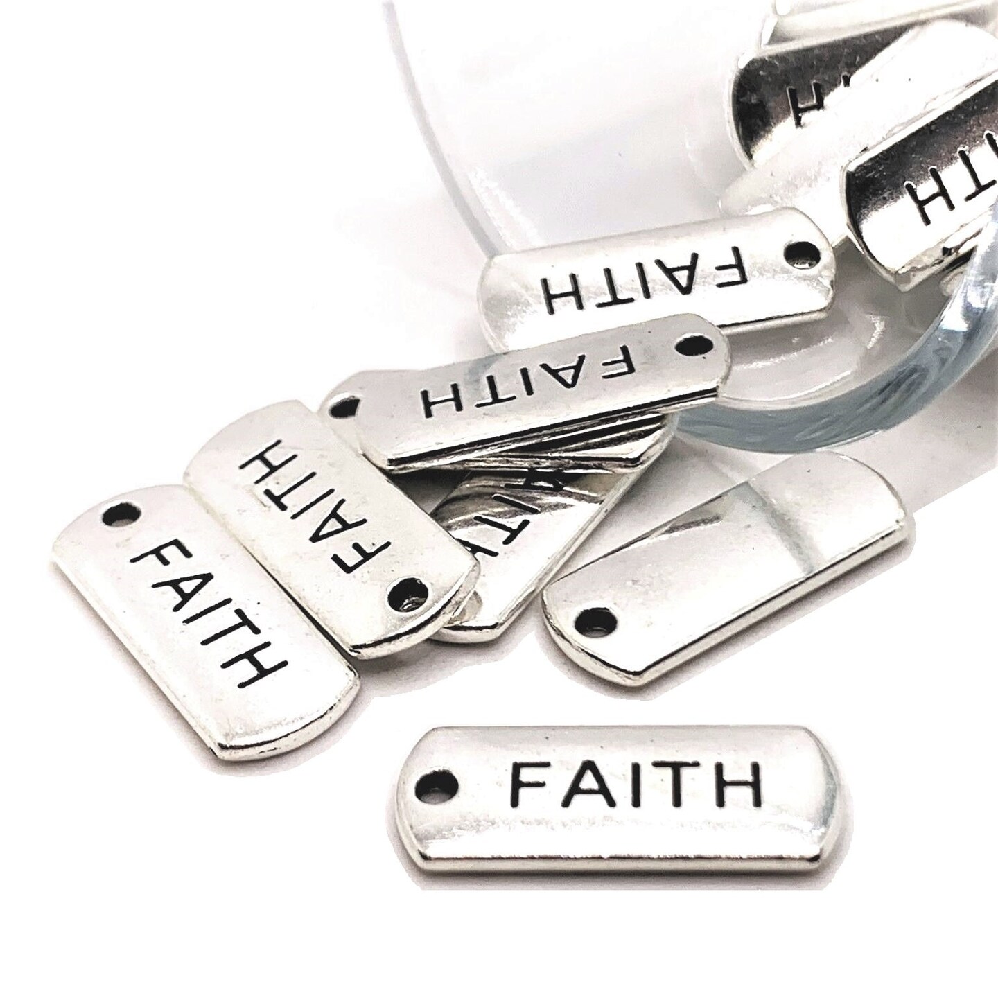 Silver Faith Word Bar Tag Charms, 8x21mm