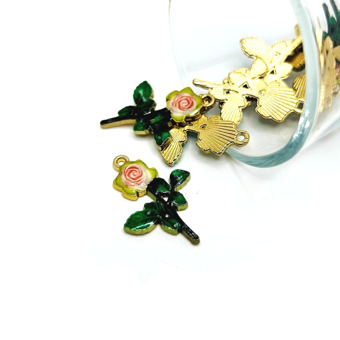 Pink and White Enamel Rose Charms, 29x20mm