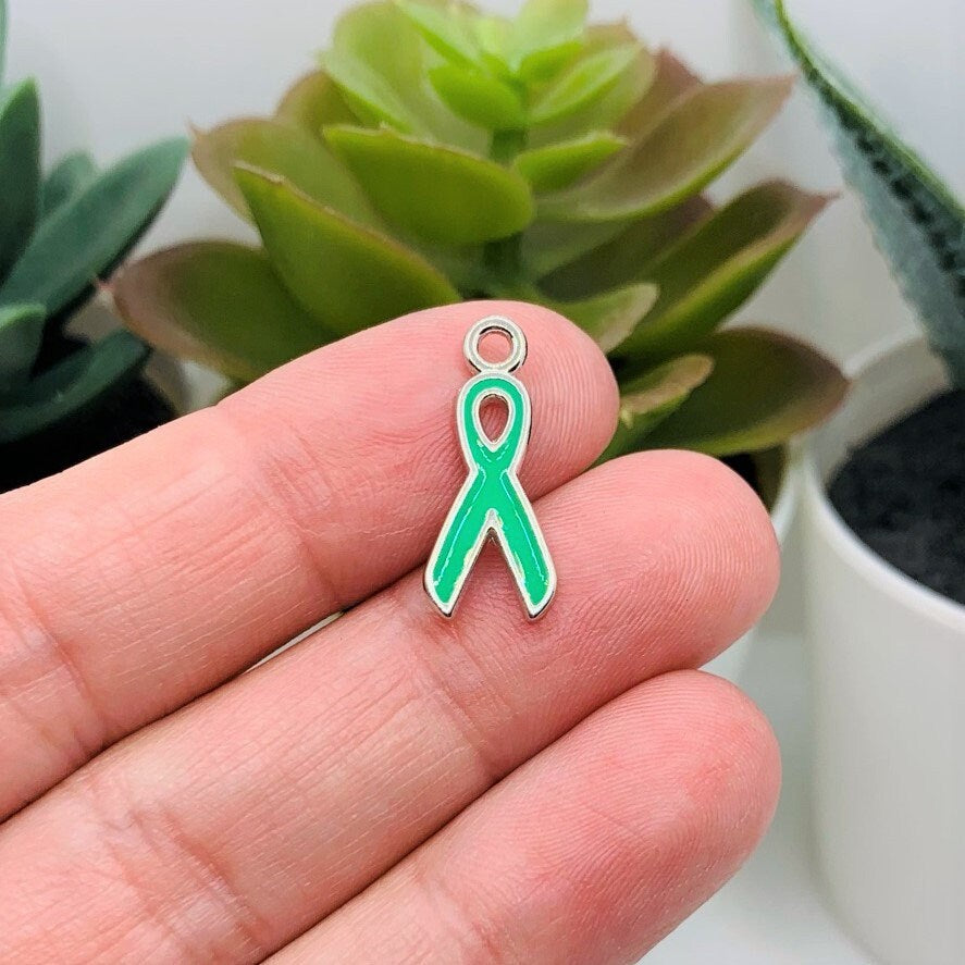 Green Awareness Mental Health Ribbon Charms, 20x9mm