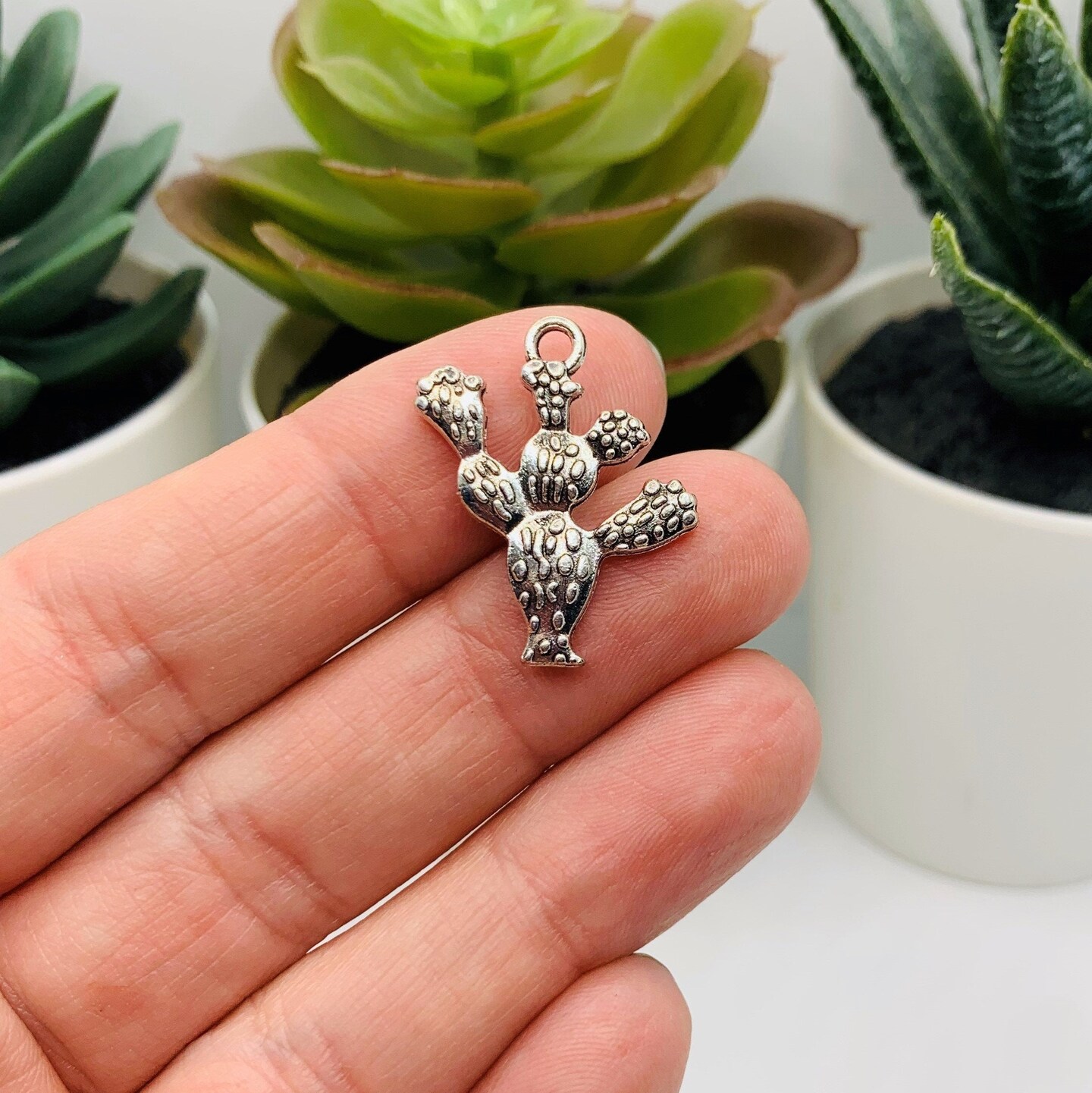 Silver Prickly Pear Cactus Charms, 23x19mm