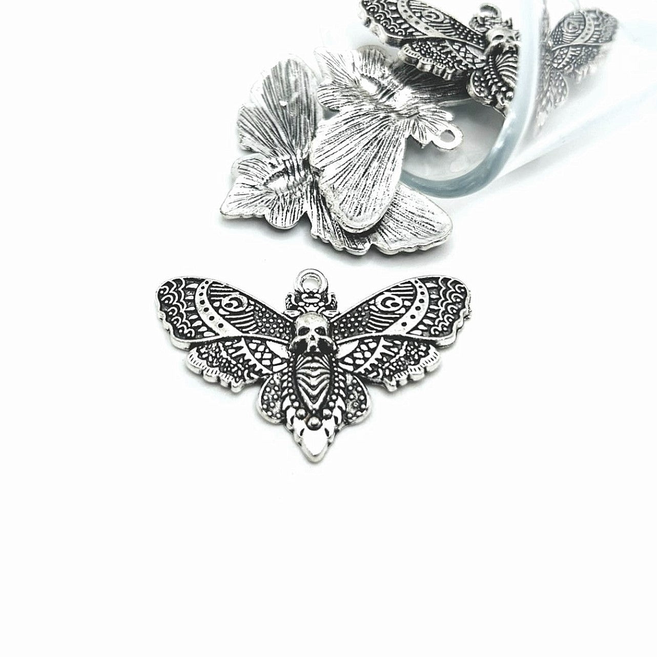 Large Silver Death&#x27;s Head Moth Charms, 43x27mm
