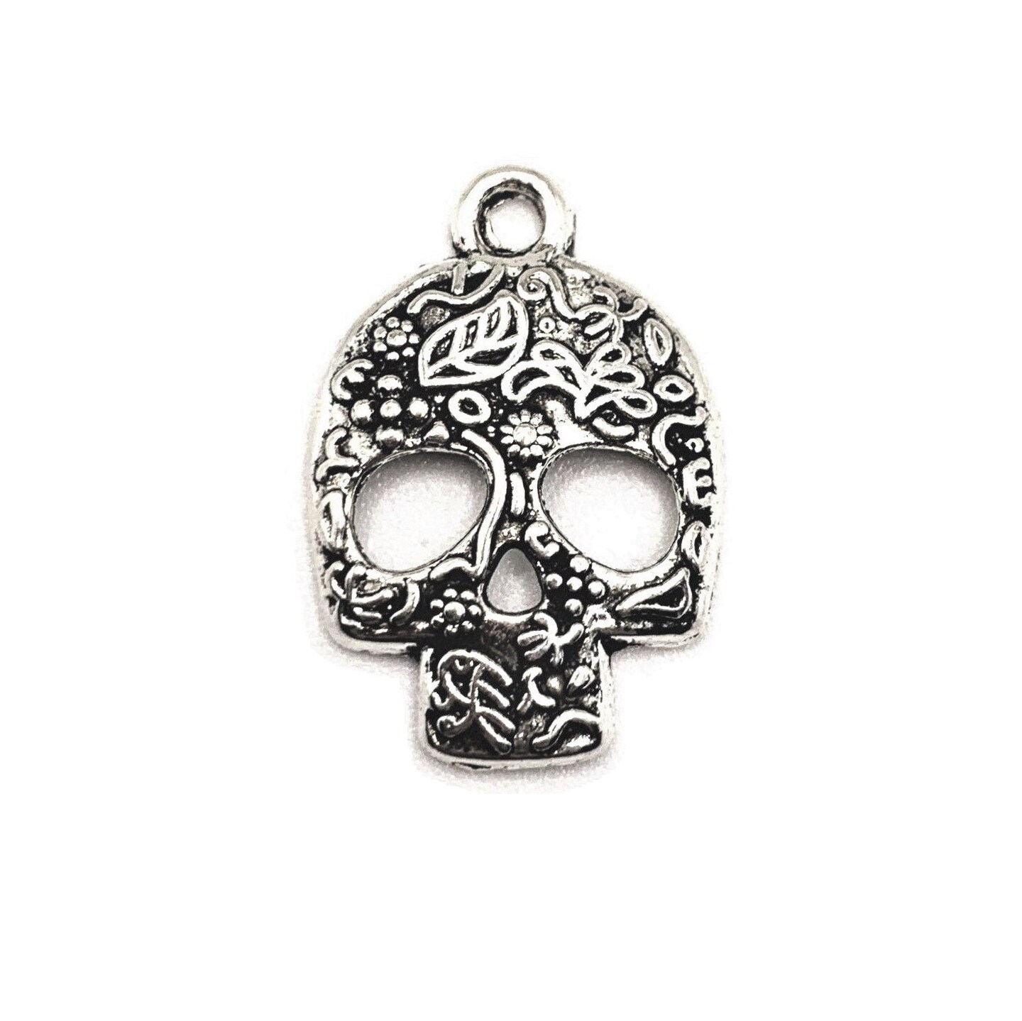 Silver Flowered Sugar Skull Dia De Los Muertos Charms, 24x16mm