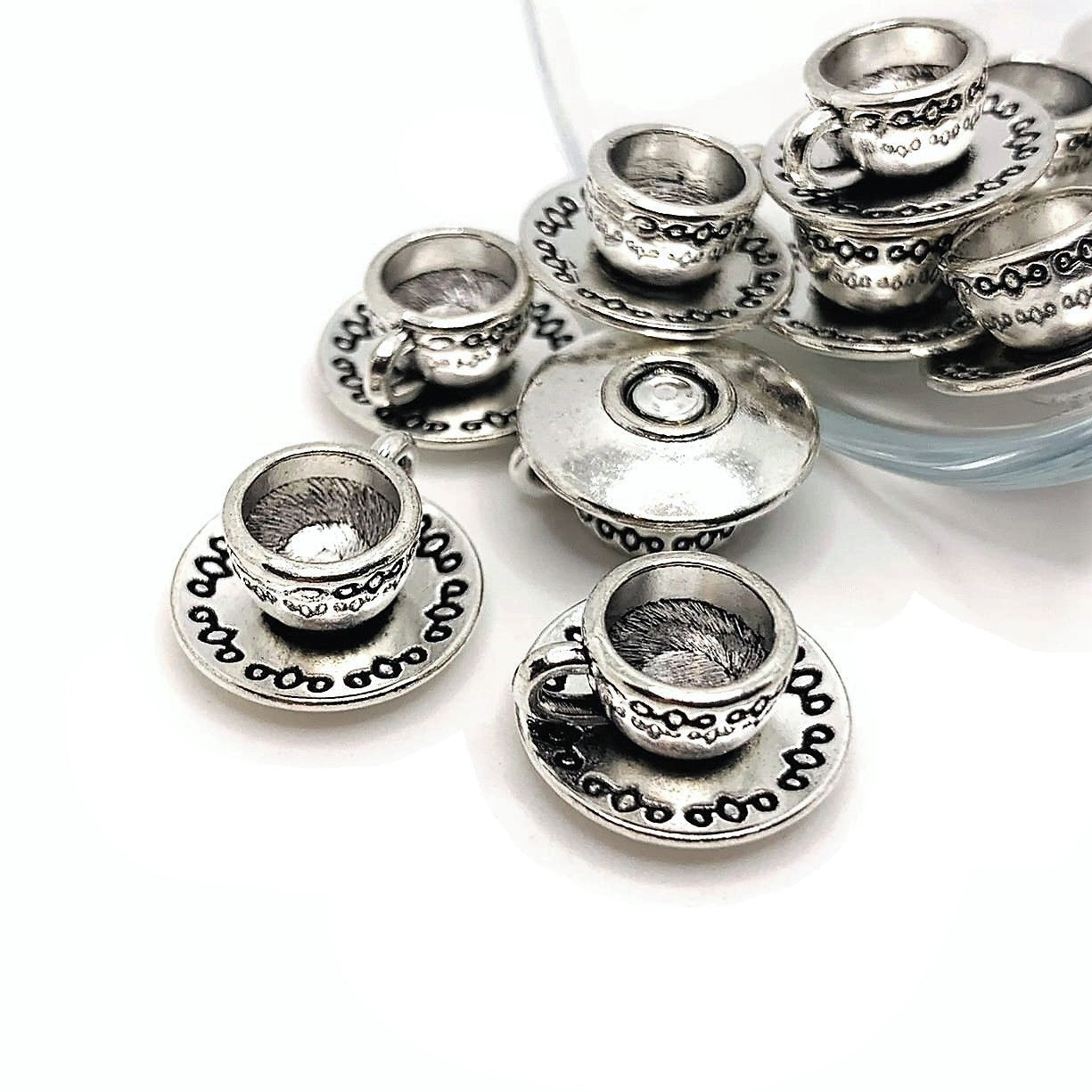 Silver Coffee Tea Cup and Saucer 3D Charms, 7x14mm