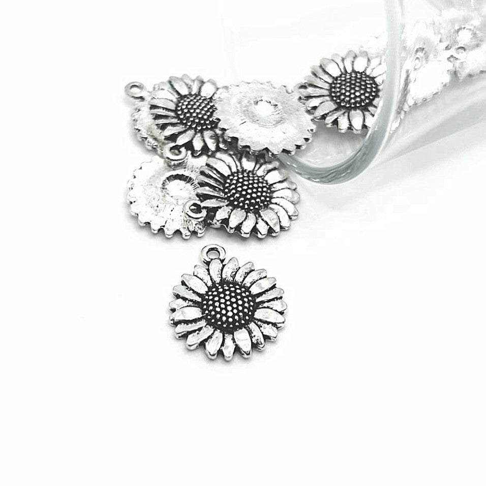 Small Antique Silver Sunflower Head Charms, 19x17mm