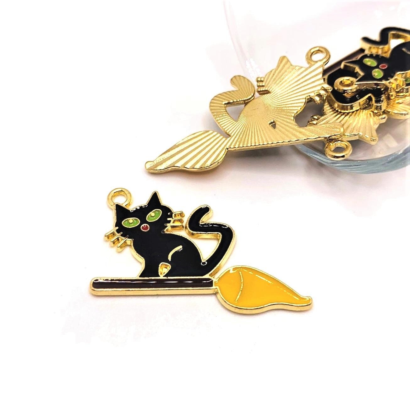 Black Enamel Witch Cat on Broom Charm, 21x34mm