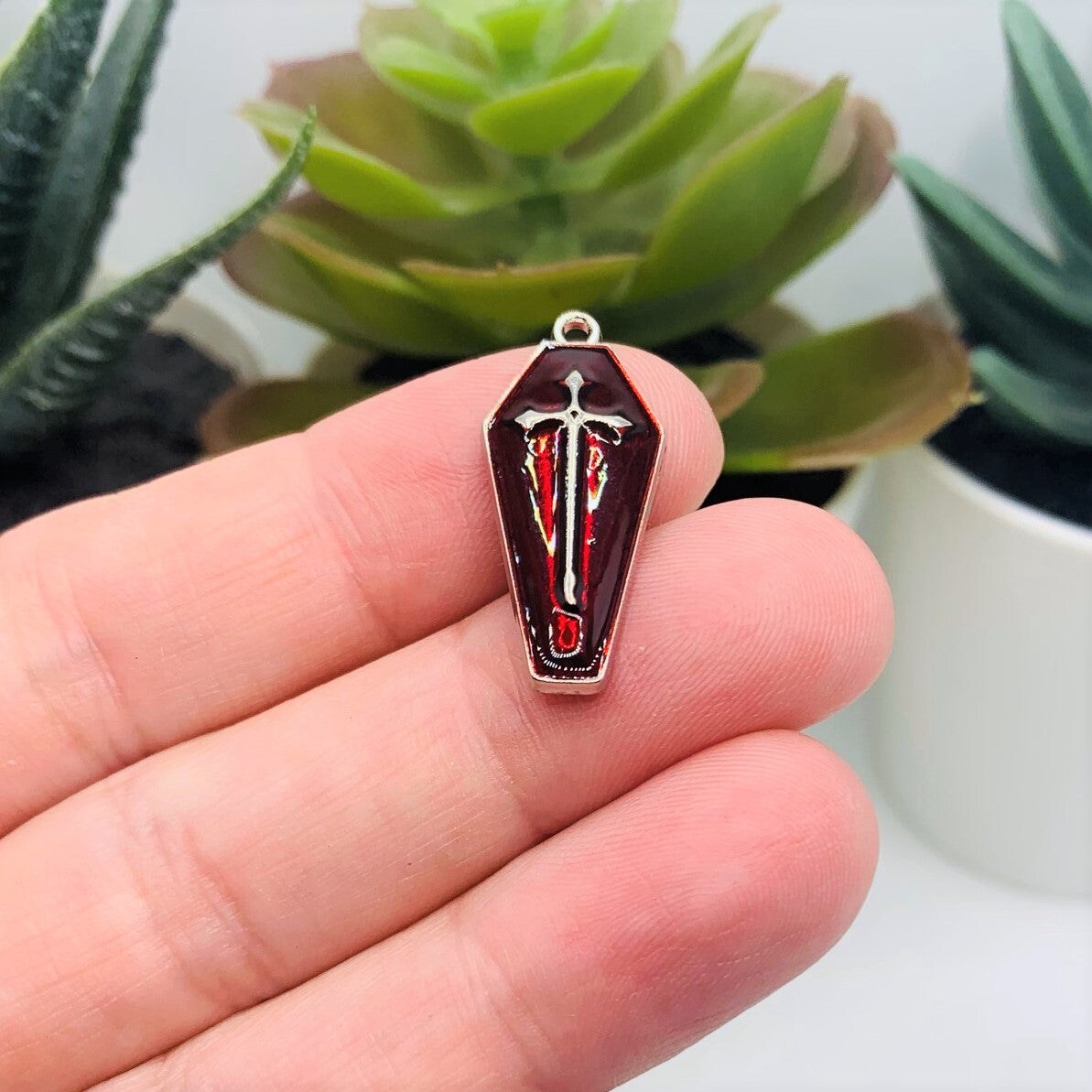 Red and Silver Vampire Coffin Charms, 26x11mm