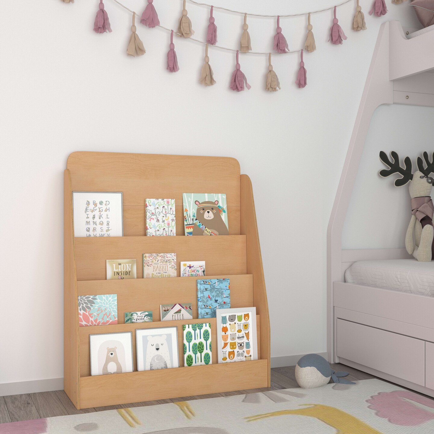 Emma and Oliver Kid&#x27;s Wood Book Storage Shelf with 4 Storage Slats and Child-Friendly Curved Edges; Recommended for Ages 5-7