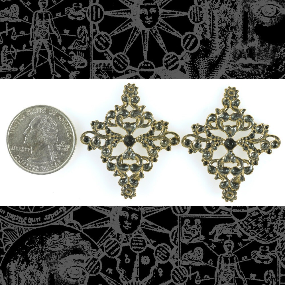 Antiqued Brass Large Floral Ornate Diamond Filigrees Wrap for Cameo Setting - Set of Two - AB-W30