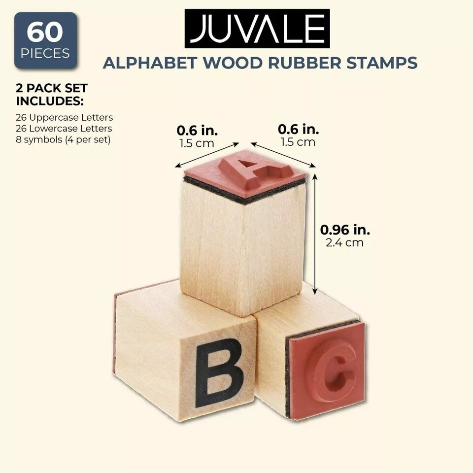 60-Piece Wood Alphabet Stamp Set, Upper and Lowercase Letters with Symbols