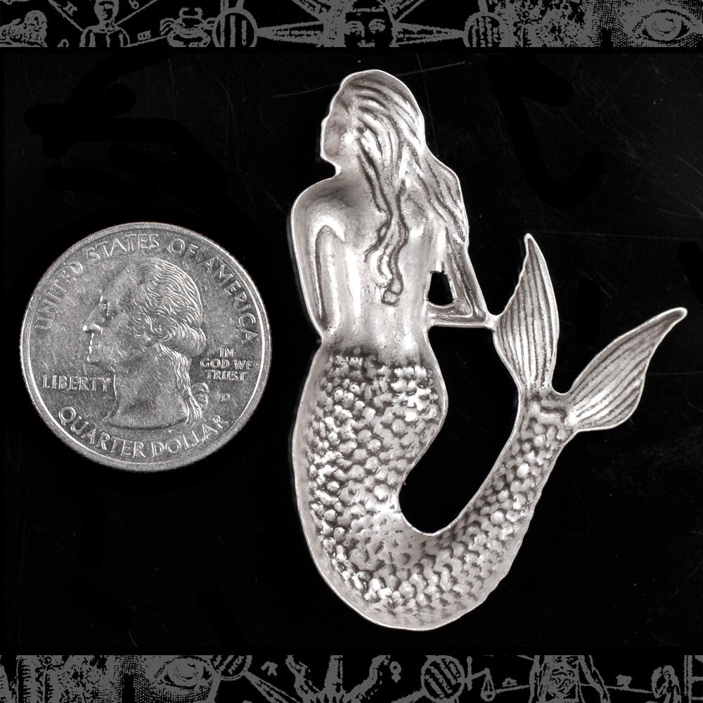 Antiqued Silver Plated Brass Extra Large Shy Mermaid Pendant Charm - One - S-P79