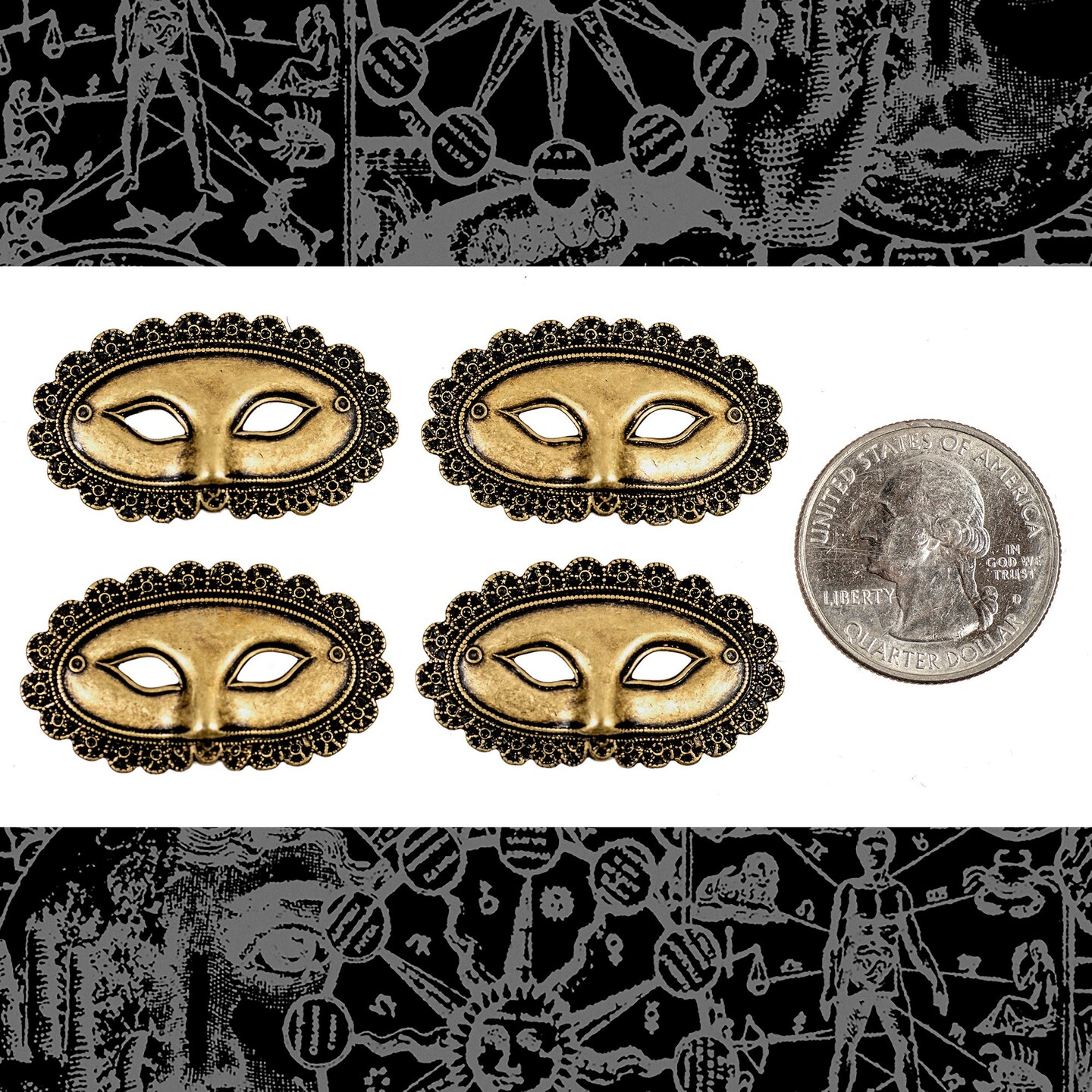 Antiqued Brass Smaller Mask Charms - Set of Four - AB-C216