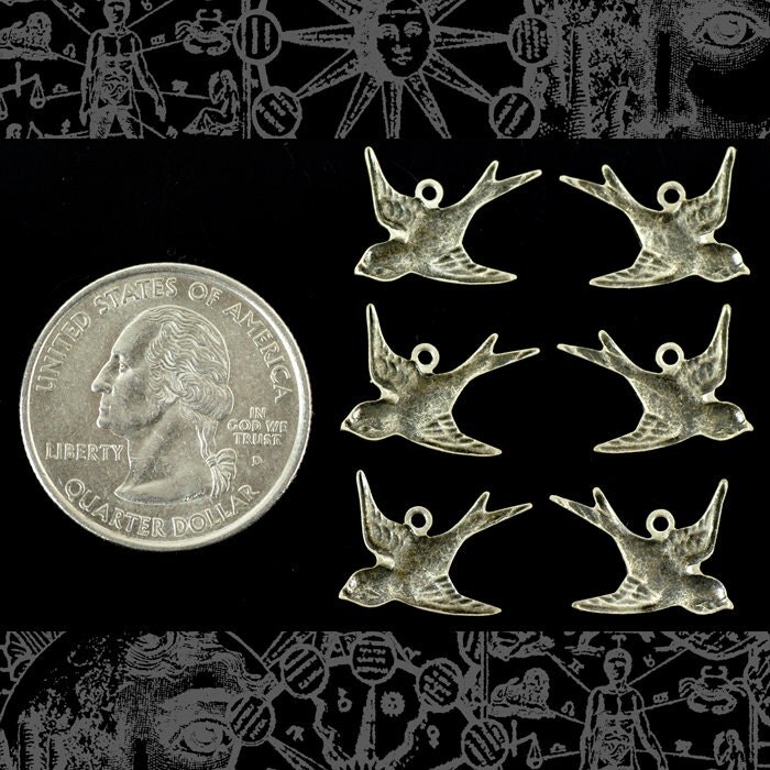Antiqued Silver Plated Brass Flying Sparrow Charms - Set of Six - S-C03