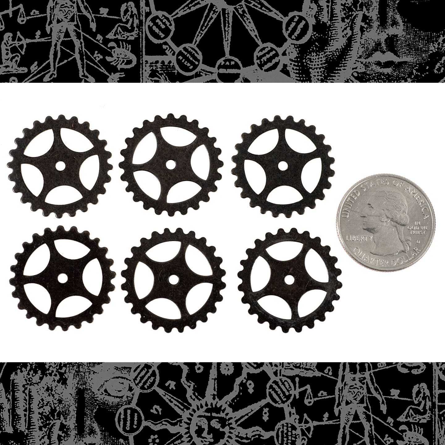 25mm Gunmetal Finish Brass Steampunk Wheels Gears Charms - Set of Six - G-PG01