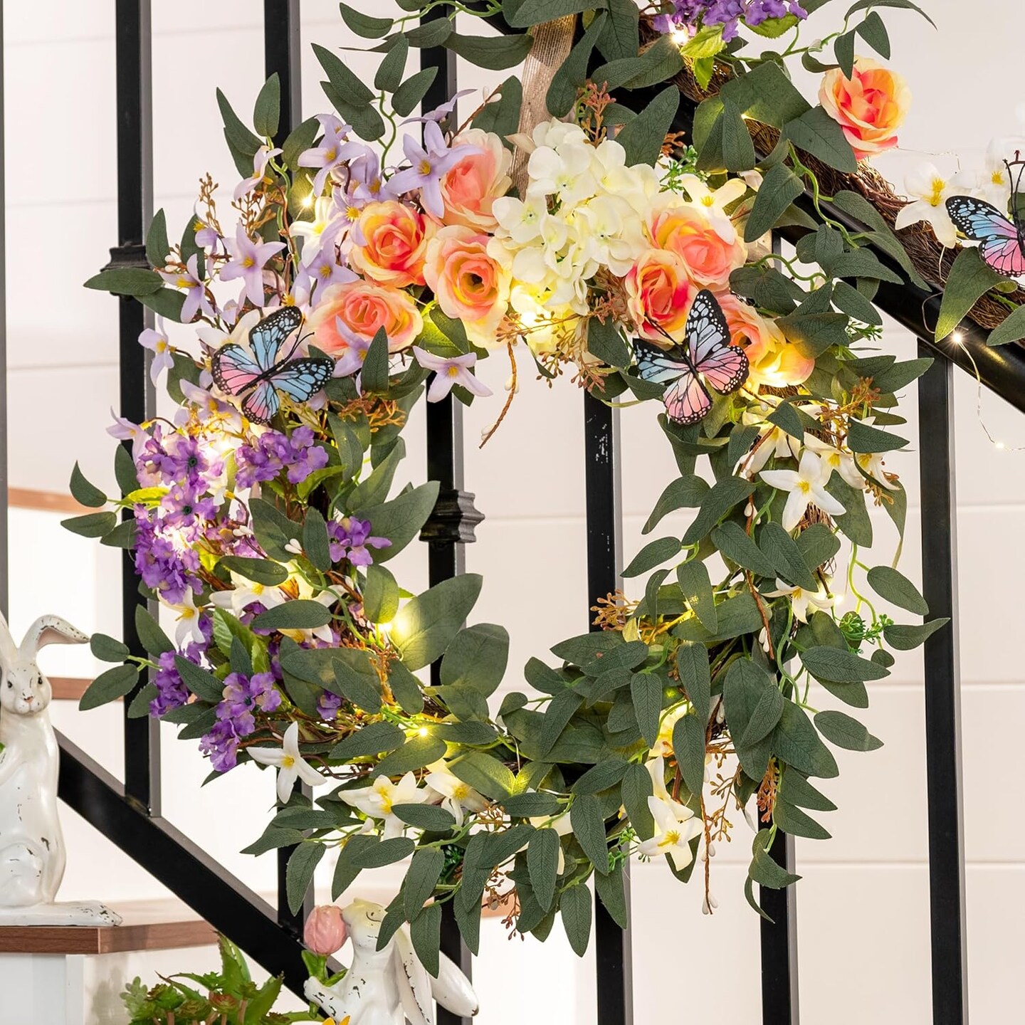 Spring Summer Flower Wreaths for Front Door with Lights