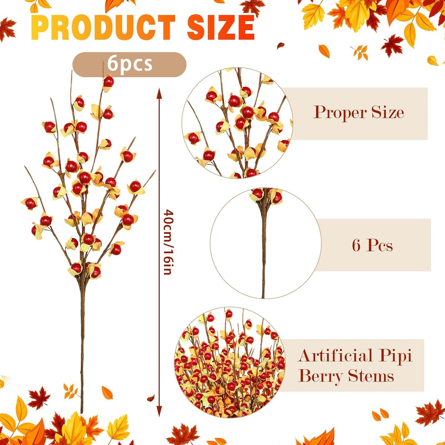 6 Pcs Fall Berry Stems Fall Picks 16&#x22; Artificial Bittersweet Branches Autumn Orange Spray with Red Berries Floral Arrangements with Fake Stem for Harvest Vase Festival Indoor Holiday Decoration