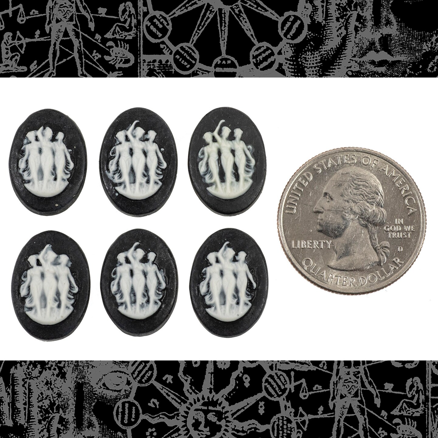 Black and Ivory Three Muses Cameos 18mm x 13mm Cameos - Set of Six - CAM259