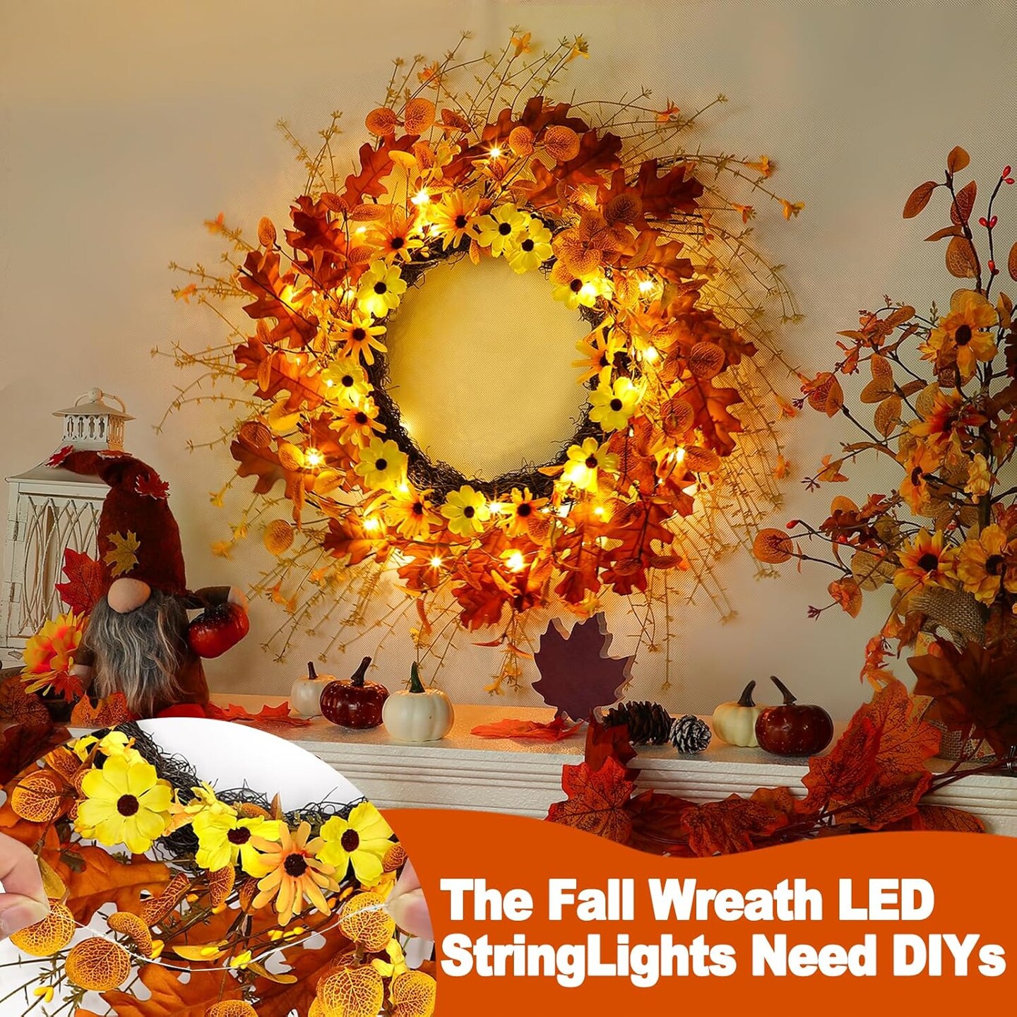 20 Inch 20 LED Fall Wreath with Lights, Fall Wreaths for Front Door