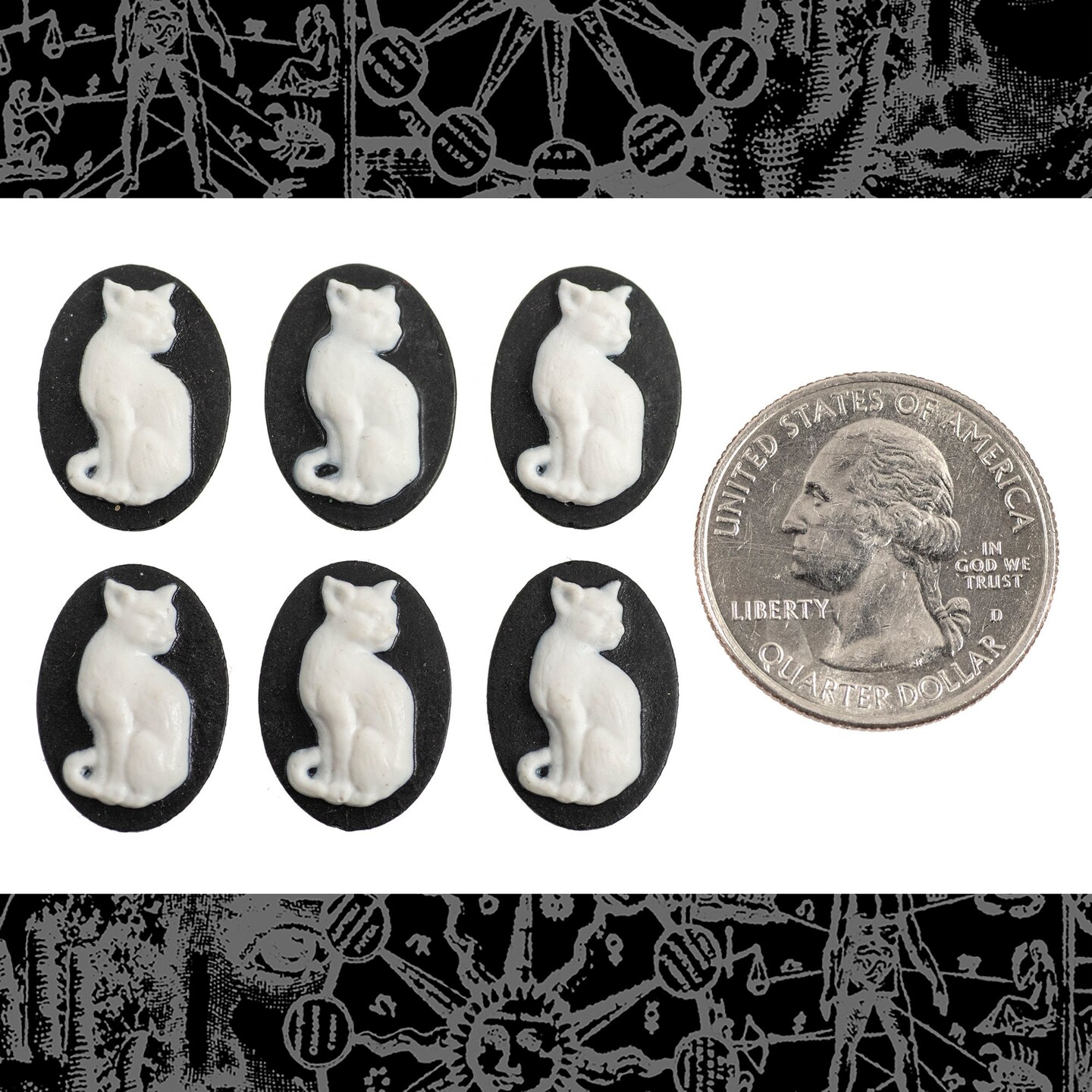 Black and White Cat Cameos 18mm x 13mm Cameos - Set of Six - CAM254