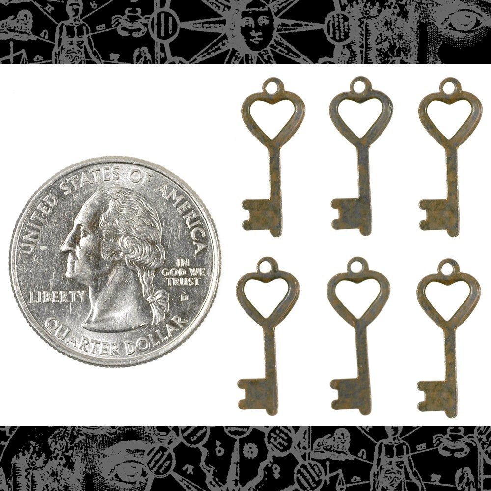 Chocolate Brown Plated Brass Heart Key Charms - Set of Six - RB-C200