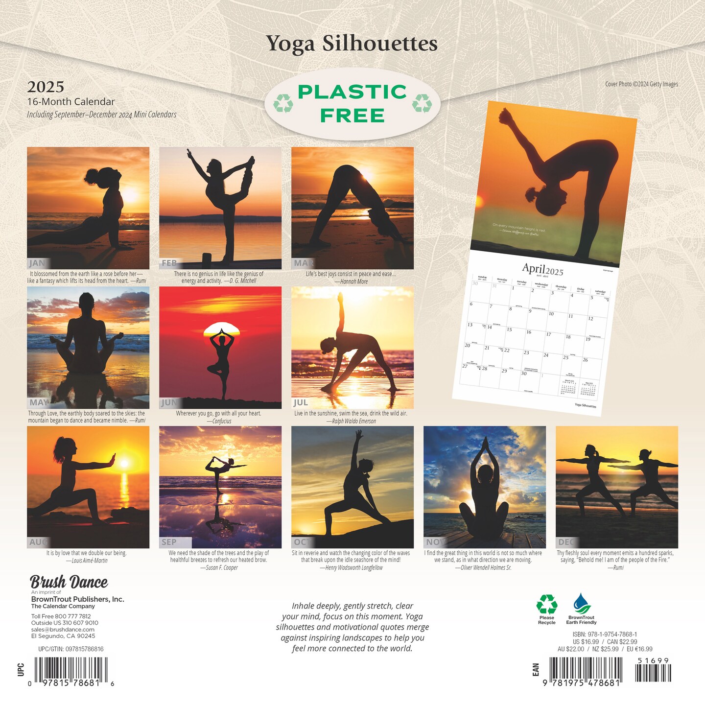 Yoga Silhouettes | 2025 12 x 24 Inch Monthly Square Wall Calendar | Plastic-Free | Brush Dance | Inspiration Meditation Namaste