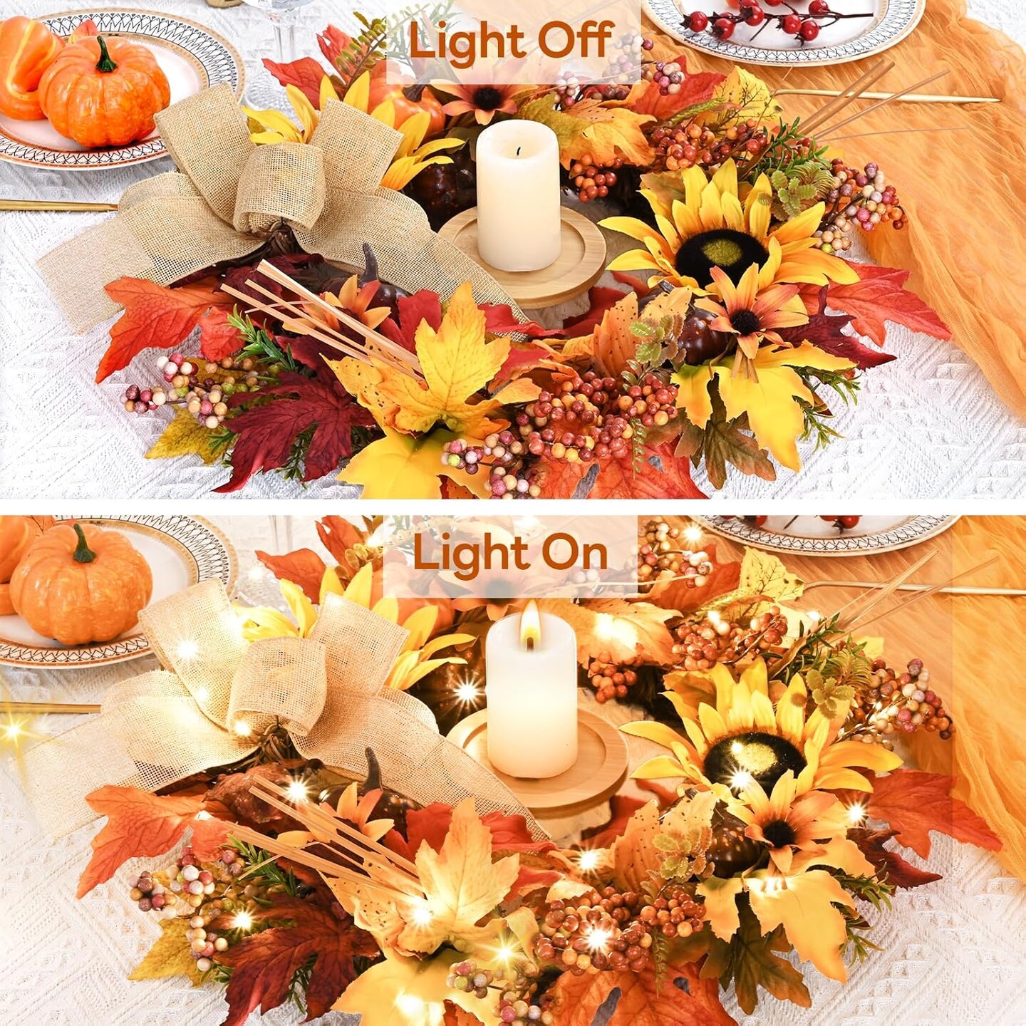 Artificial Autumn Wreath with Lights Maple Leaf Sunflower Wreath Pumpkins, Berries and Burlap Bow for Thanksgiving Home Indoor Outdoor Decoration