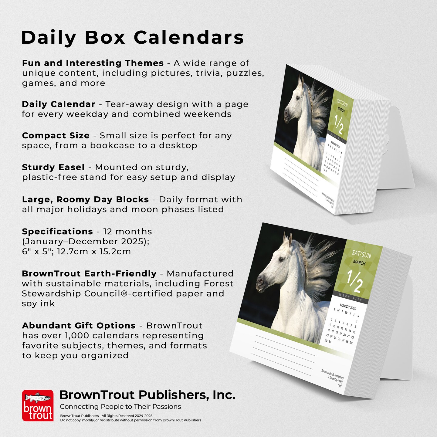 Horse Lovers | 2025 6 x 5 Inch Daily Desktop Box Calendar | New Page Every Day | BrownTrout | Animals Horses Equestrian