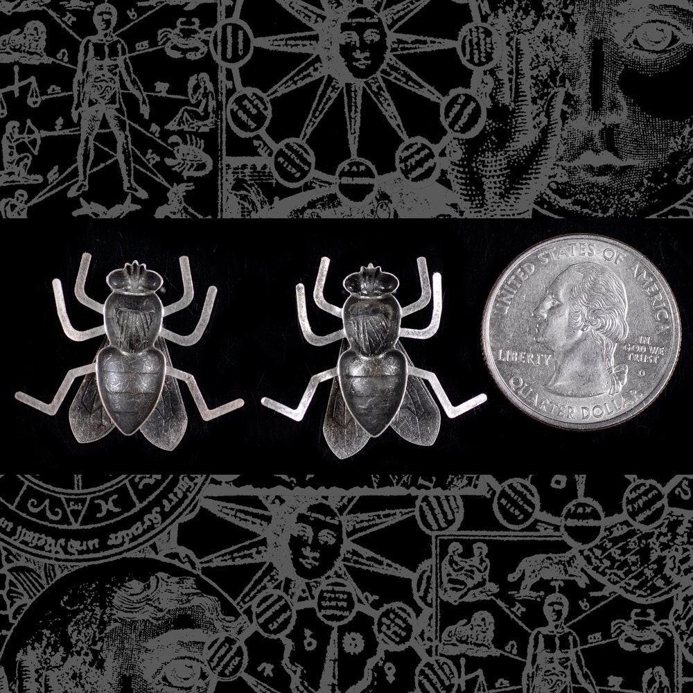 Antiqued Silver Plated Brass Life-Sized Fly Charms with Bendable Legs - Set of Two - XXX - S-C130