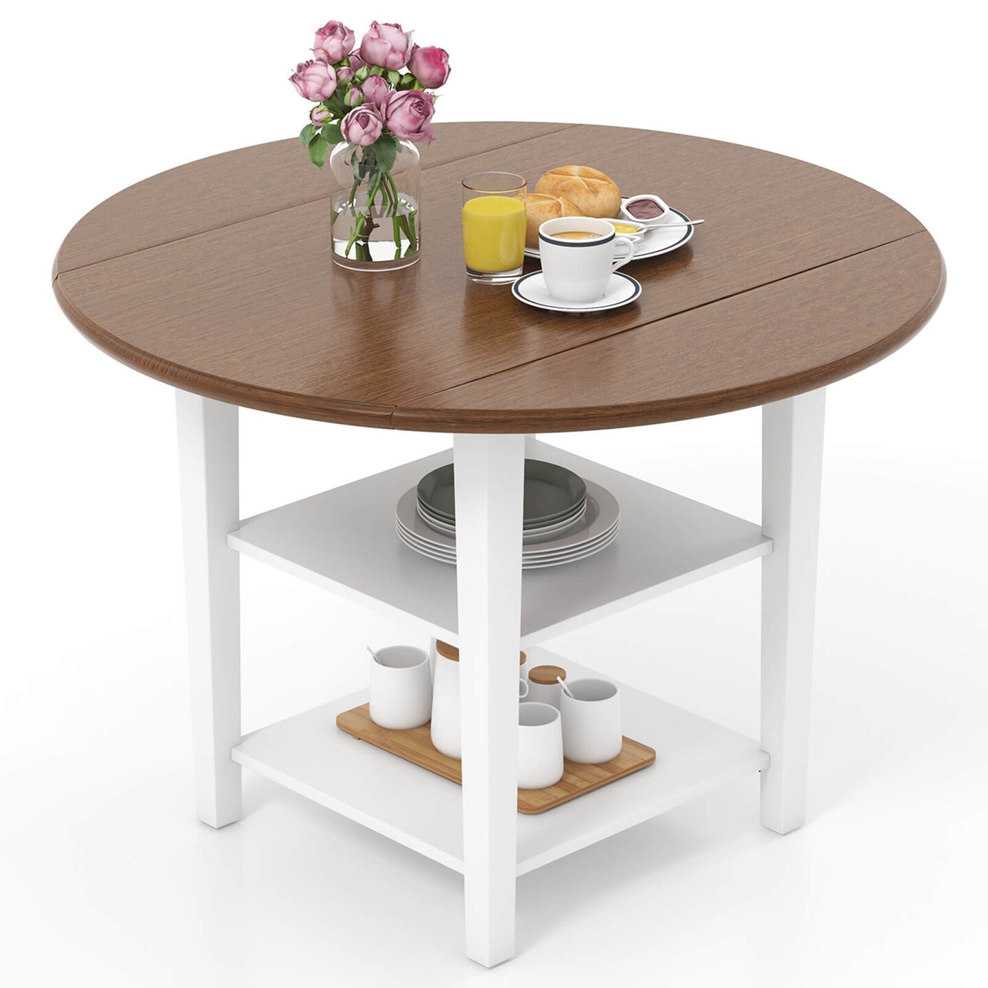 Costway 42.5&#x22; Drop Leaf Kitchen Table with Storage Shelves Expandable Dining Room Table
