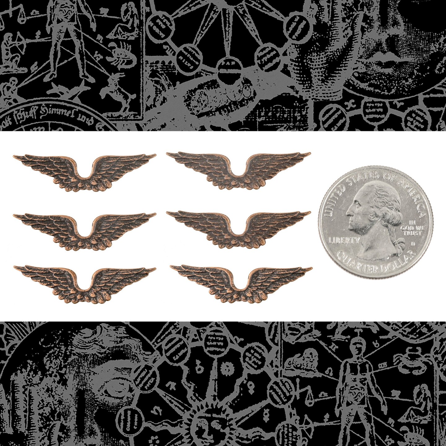 Small Connected Antiqued Copper Plated Brass Wings - Set of Six - C-C103