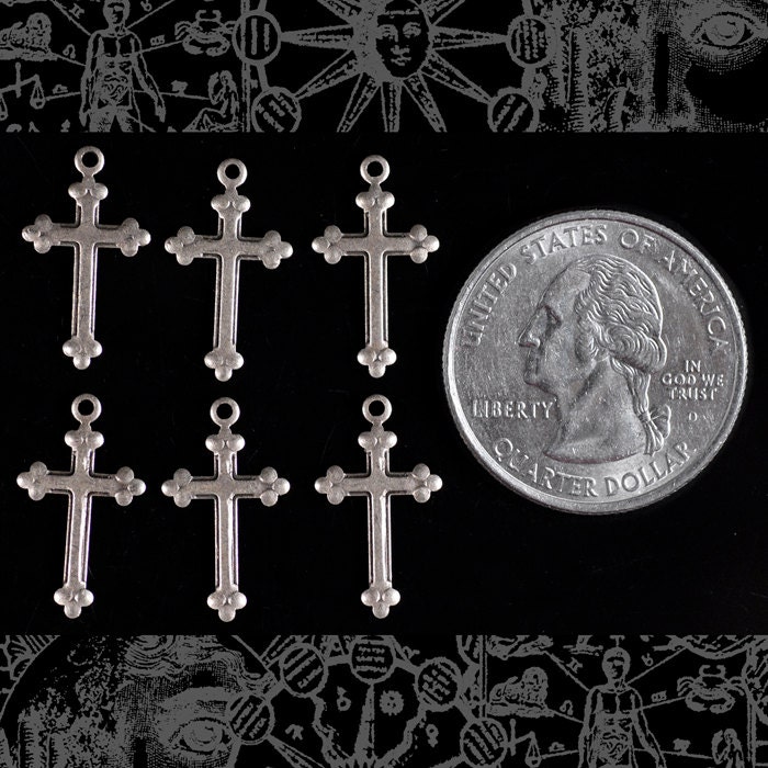 Antiqued Silver Plated Brass Delicate Christian Cross Charms - Set of Six - S-C83