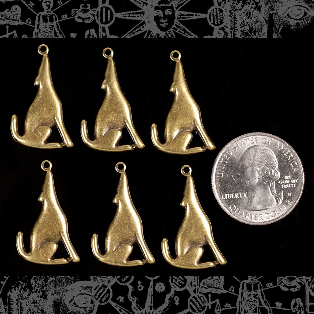 Antiqued Brass Howling Coyote or Wolf Charms - Set of Six - AB-C139