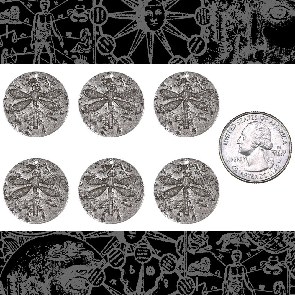 Antiqued Silver Plated Brass Dragonfly Disk Charms - Set of Six - XXX - S-C212