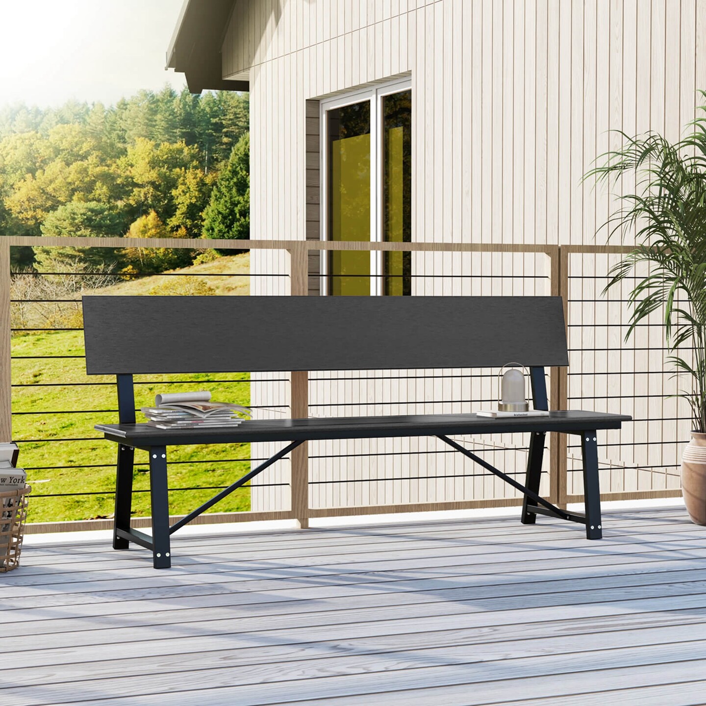 Costway 1/2 PCS 4-Person Bench with All-Weather HDPE Seat &#x26; Back Heavy-Duty Metal Support Grey