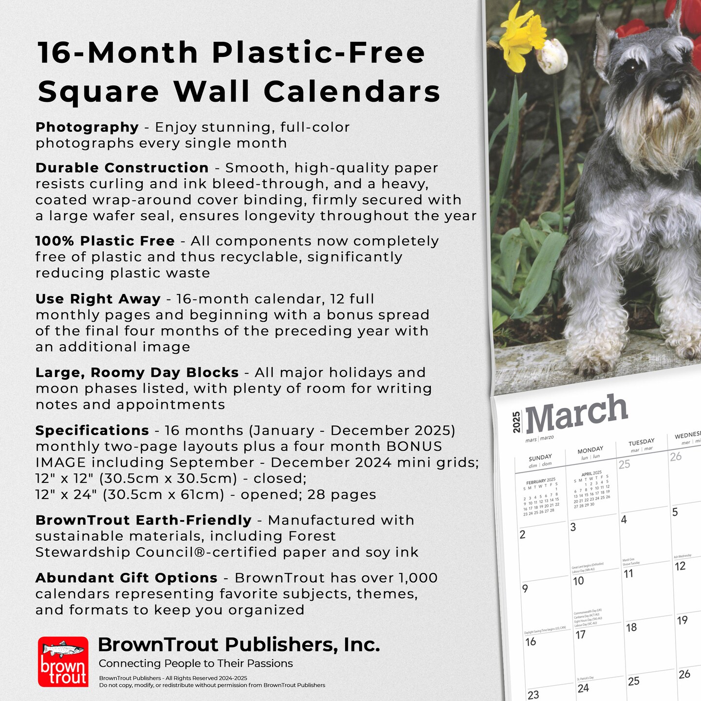 Schnauzers | 2025 12 x 24 Inch Monthly Square Wall Calendar | Plastic-Free | BrownTrout | Animals Dog Breeds