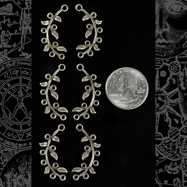Antiqued Silver Plated Brass Branch Connector with Eight Loops Five Leaves - Set of Six - S-2C02