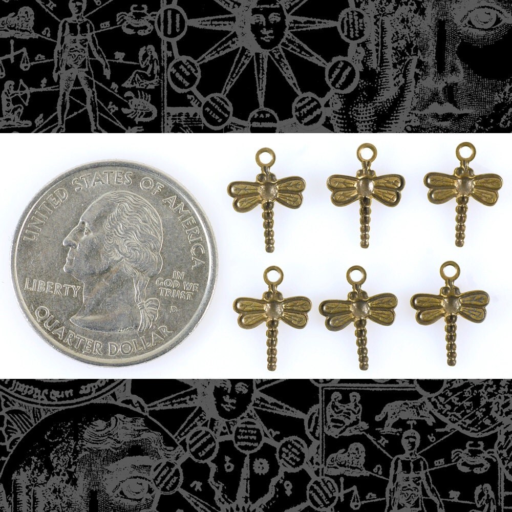 Antiqued Brass Mini Dragonfly Charms - Set of Six - AB-C110